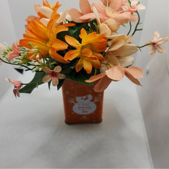 Hand Crafted Floral Table Centerpiece Spring Peach Dairy Tea Tin - Picture 5 of 8